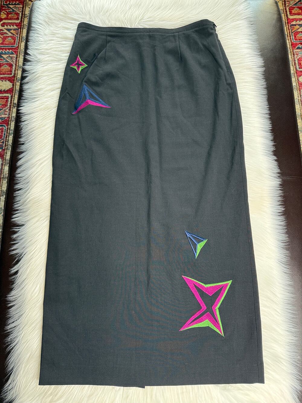 Tibi Black Wool Vintage Geometric Star Embroidered Maxi Skirt